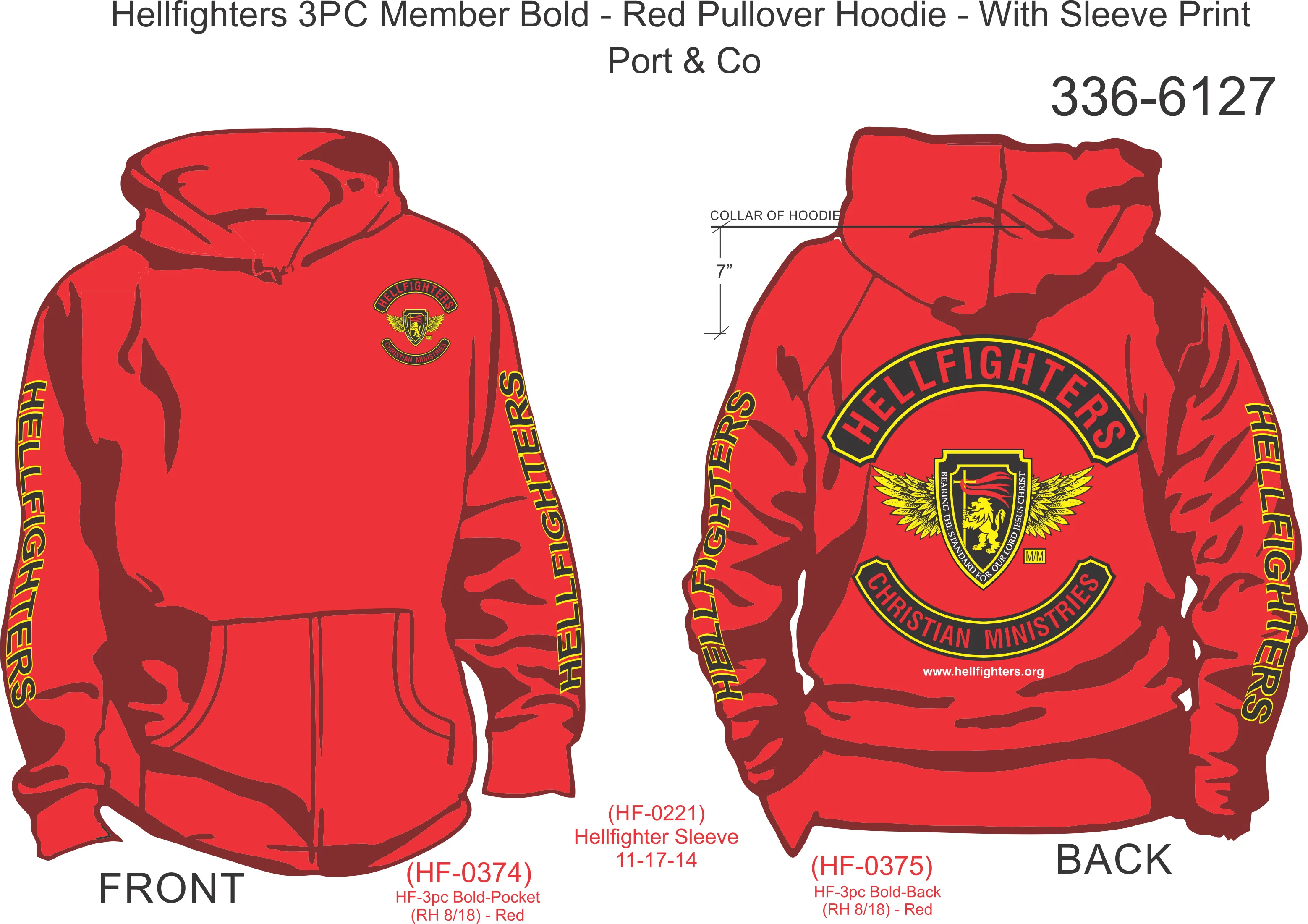 336-6127 Hoodie, Long Sleeve, Hellfighter 3pc Member Bold (Red, HF sleeves, pullover)