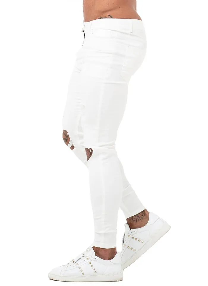 3760 White Distressed Knee Out Skinny Stretch Jeans