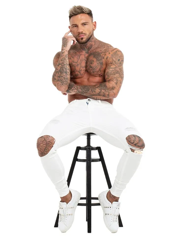 3760 White Distressed Knee Out Skinny Stretch Jeans