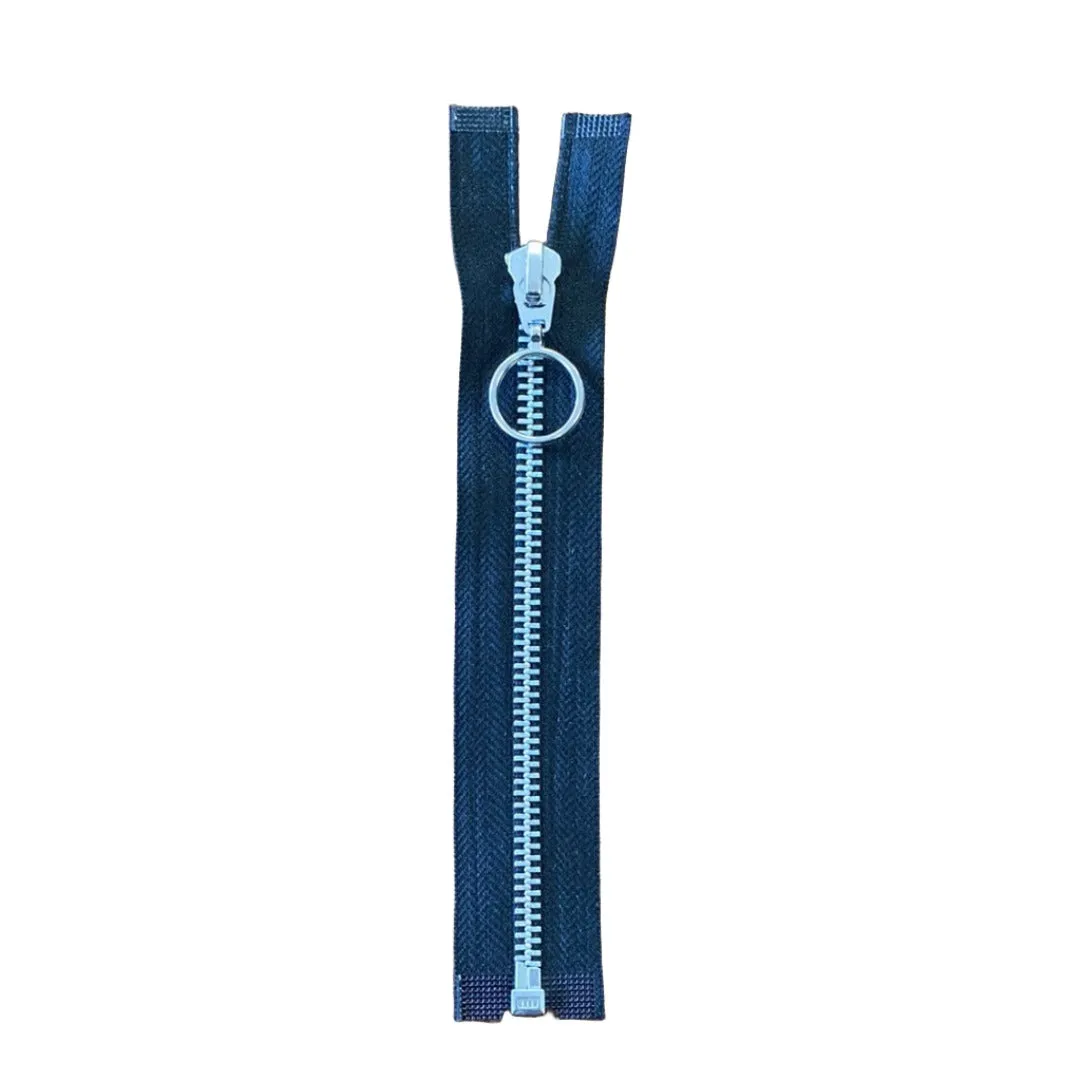 8" Metal open End Zip - Silver Teeth, Circle Puller