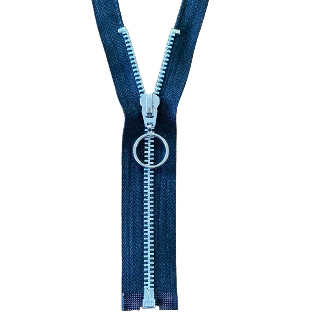 8" Metal open End Zip - Silver Teeth, Circle Puller