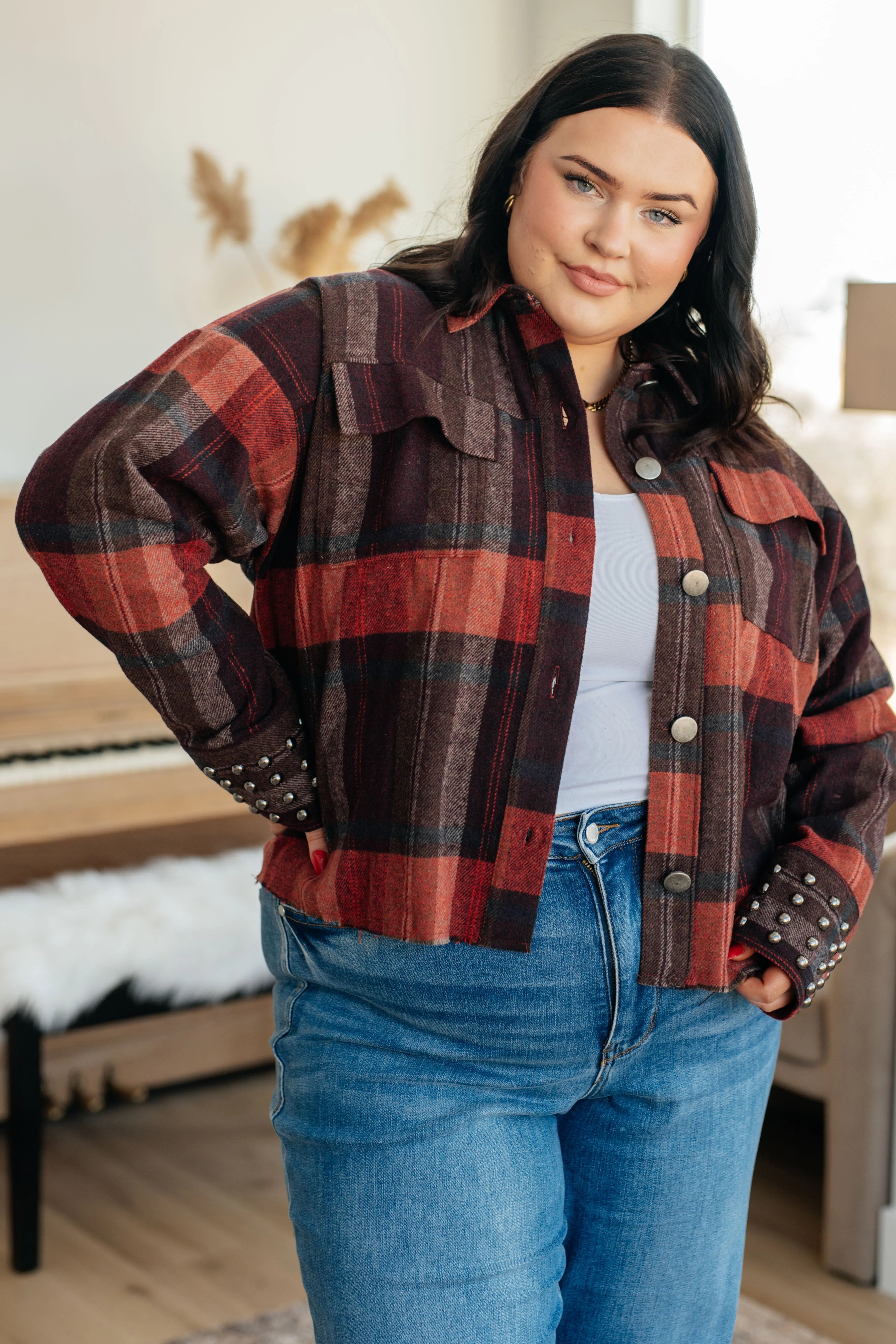 Already There Fall Plaid Shacket with Studded Sleeve Cuffs