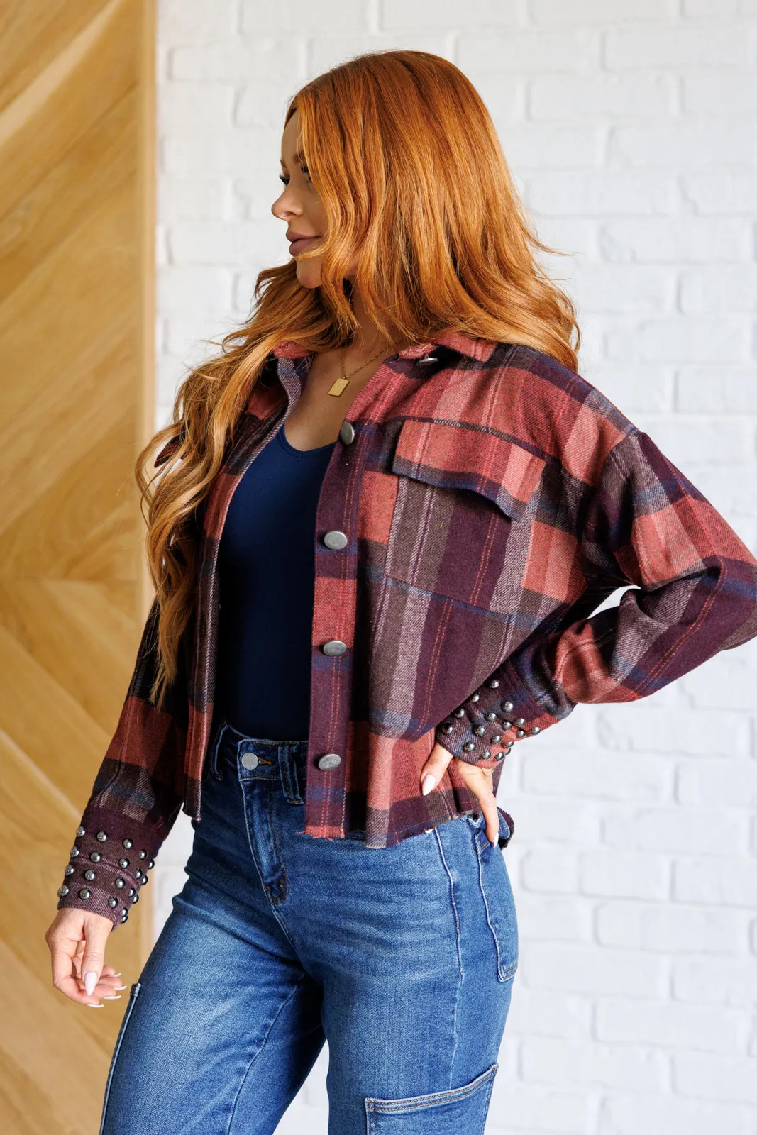 Already There Fall Plaid Shacket with Studded Sleeve Cuffs