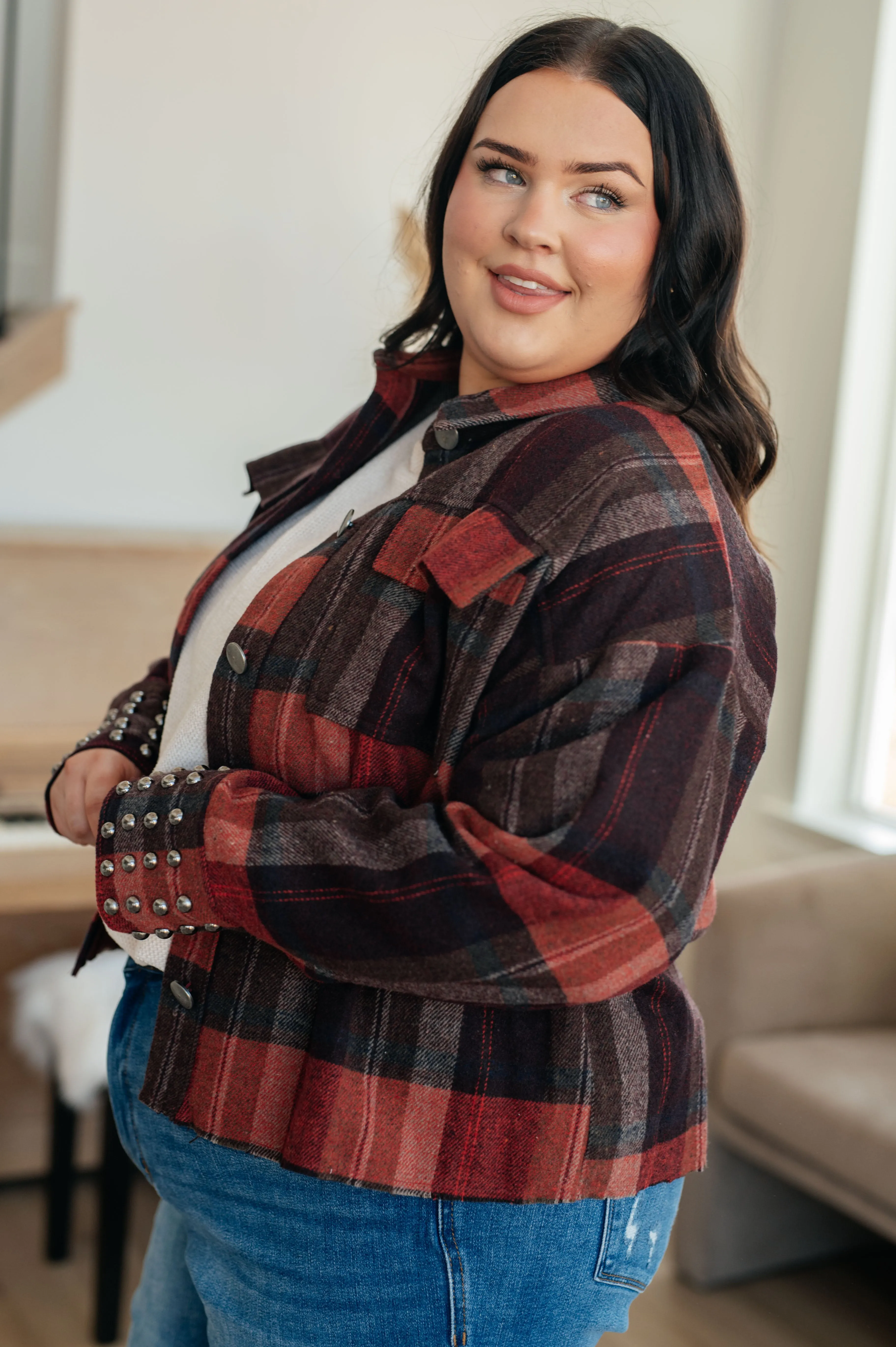 Already There Fall Plaid Shacket with Studded Sleeve Cuffs