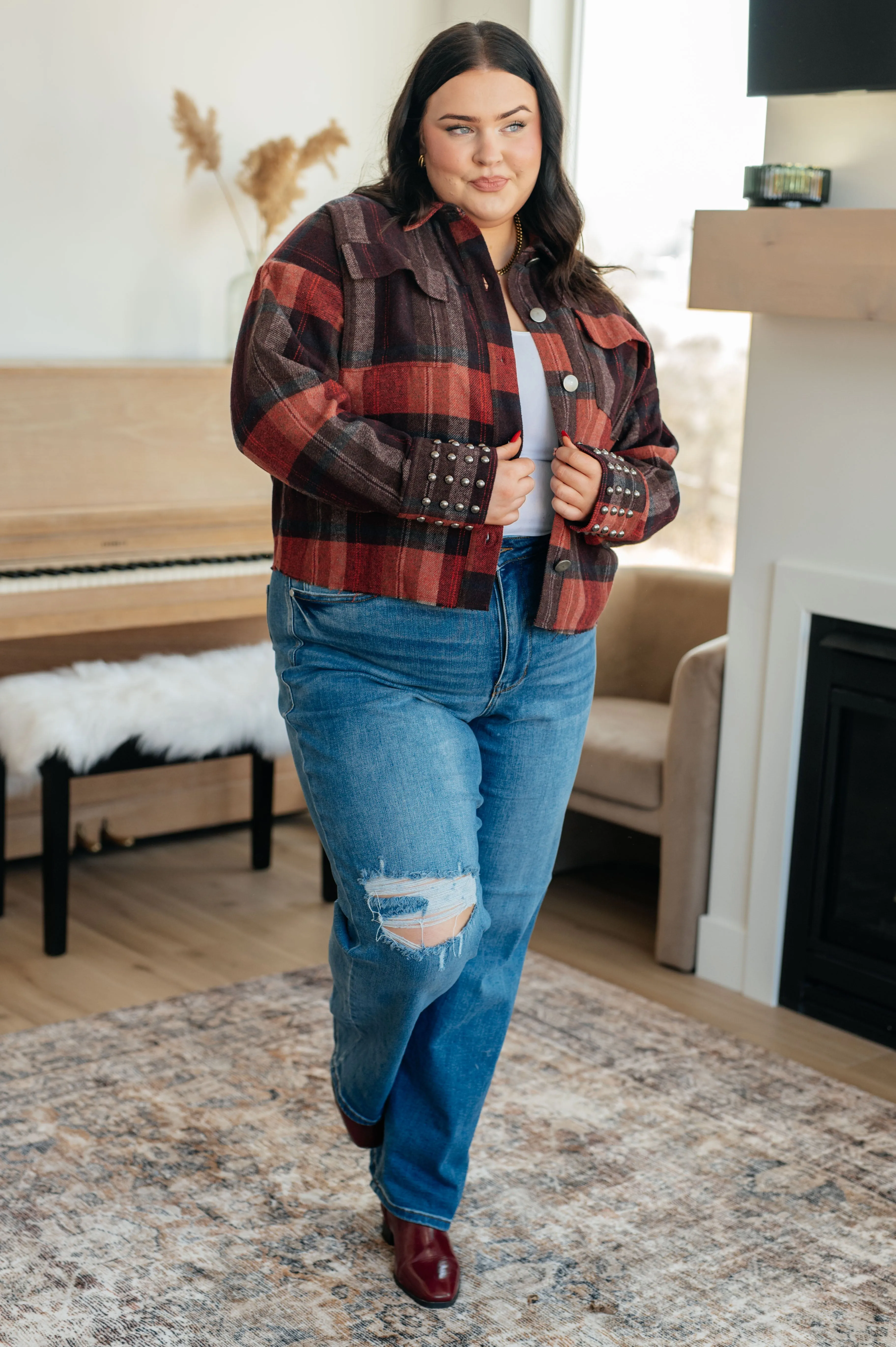 Already There Fall Plaid Shacket with Studded Sleeve Cuffs