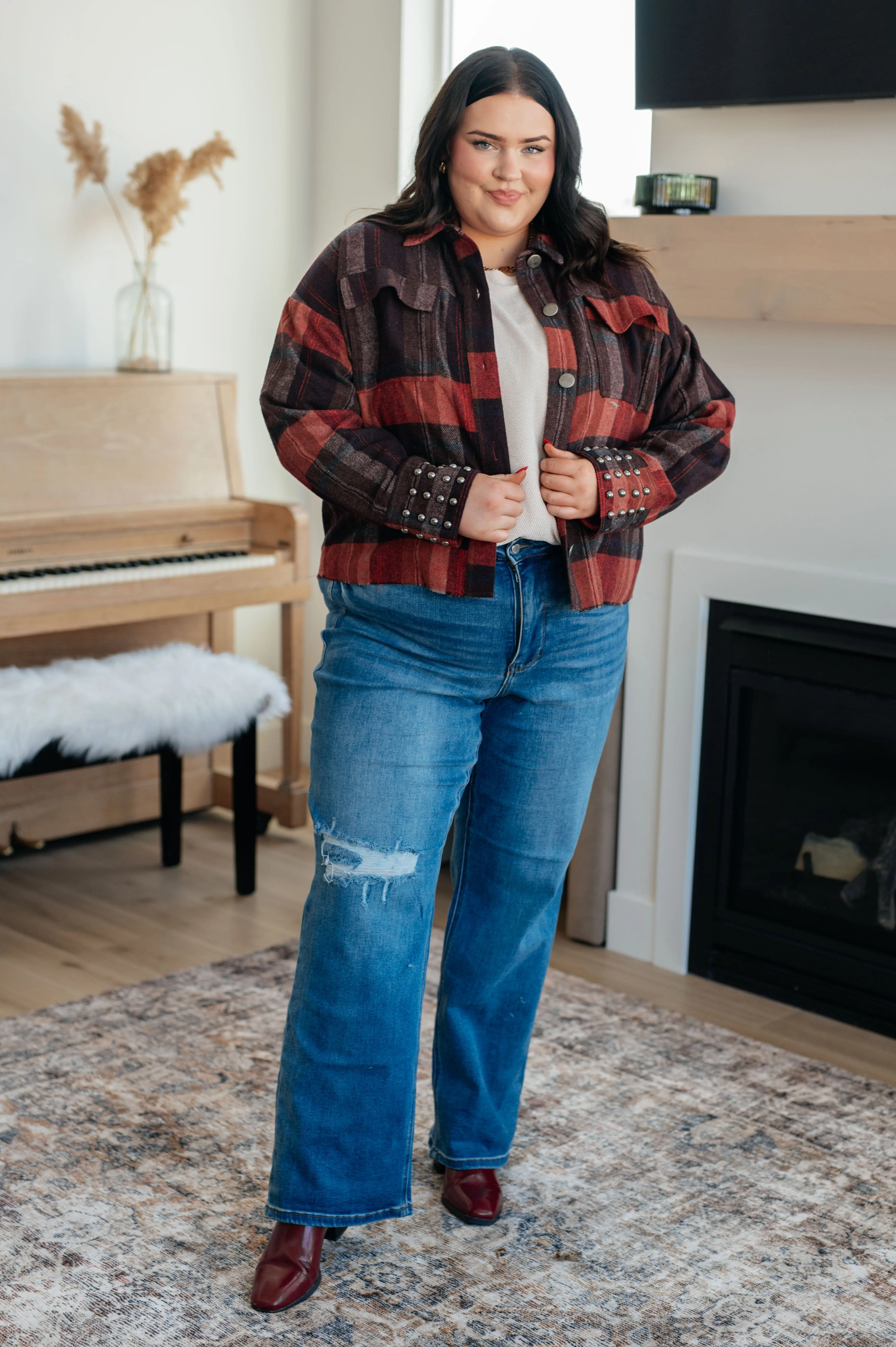 Already There Fall Plaid Shacket with Studded Sleeve Cuffs