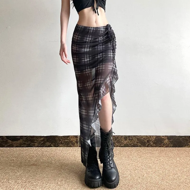Asymmetrical Plaid Ruffle Skirt