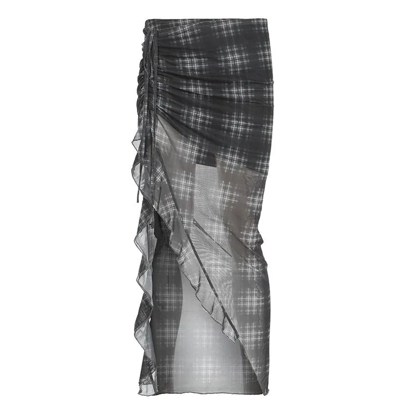 Asymmetrical Plaid Ruffle Skirt