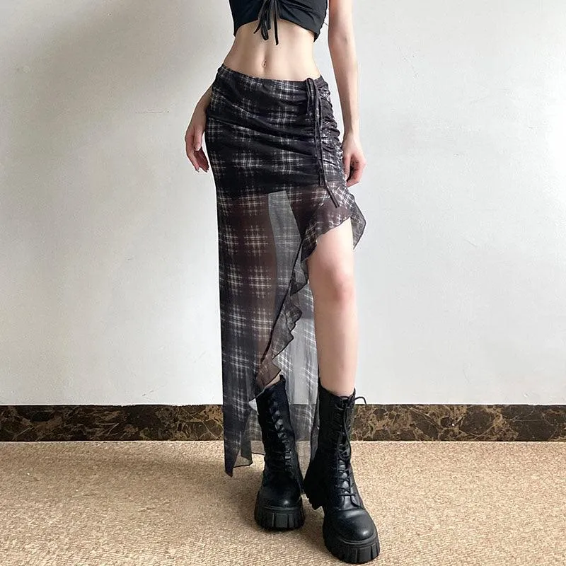 Asymmetrical Plaid Ruffle Skirt