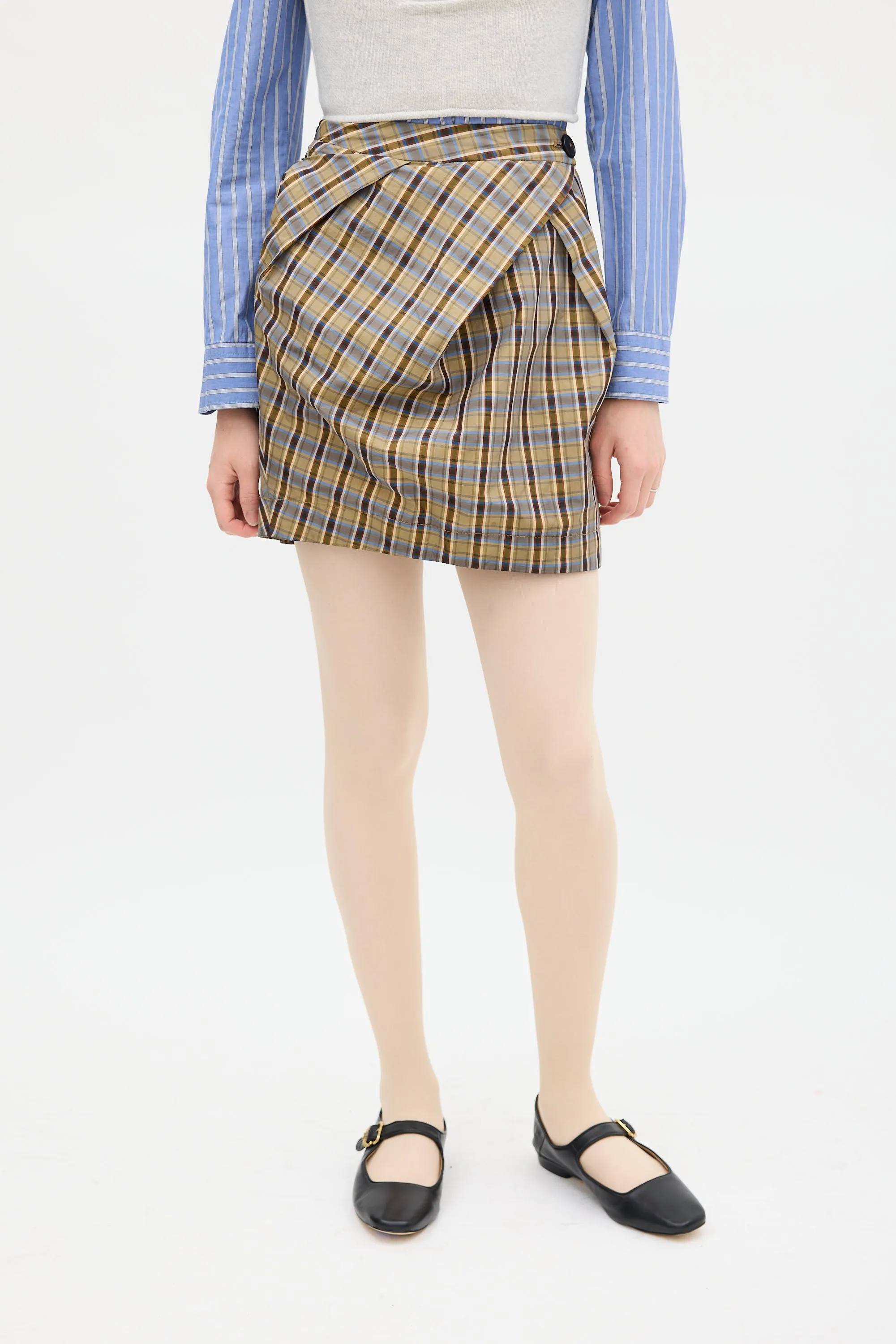 Brown & Multicolour Plaid Gathered Skirt