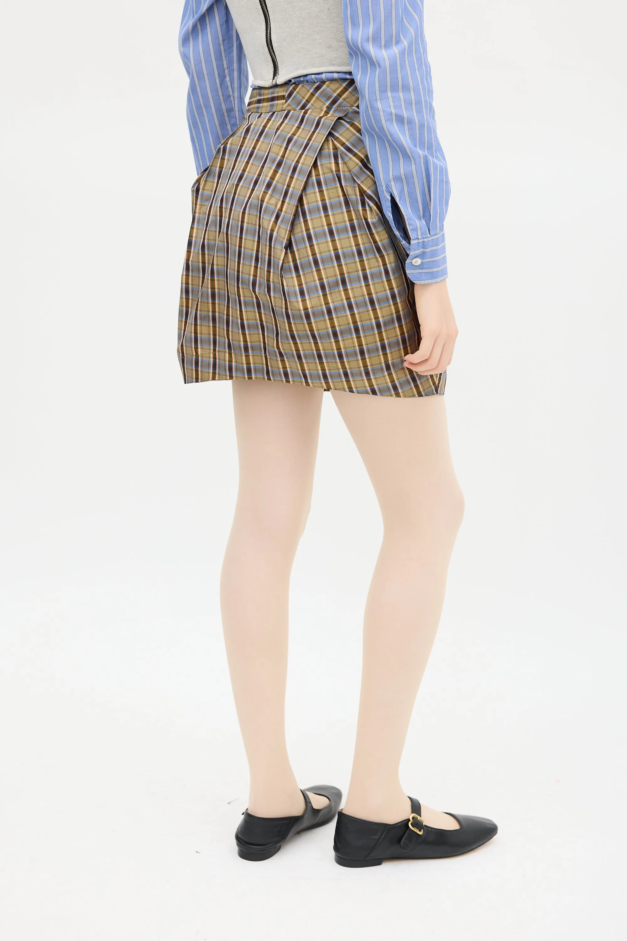 Brown & Multicolour Plaid Gathered Skirt