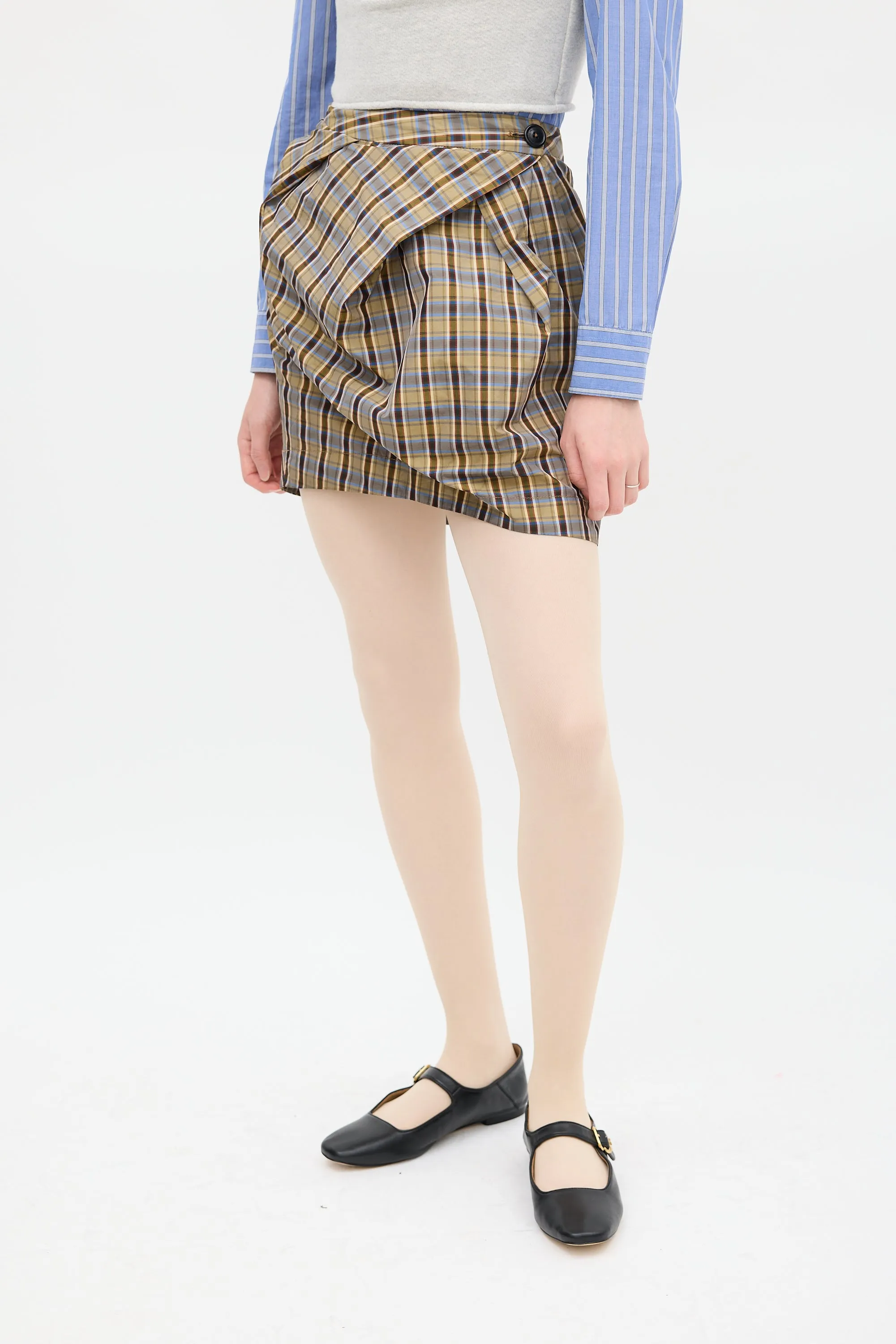 Brown & Multicolour Plaid Gathered Skirt