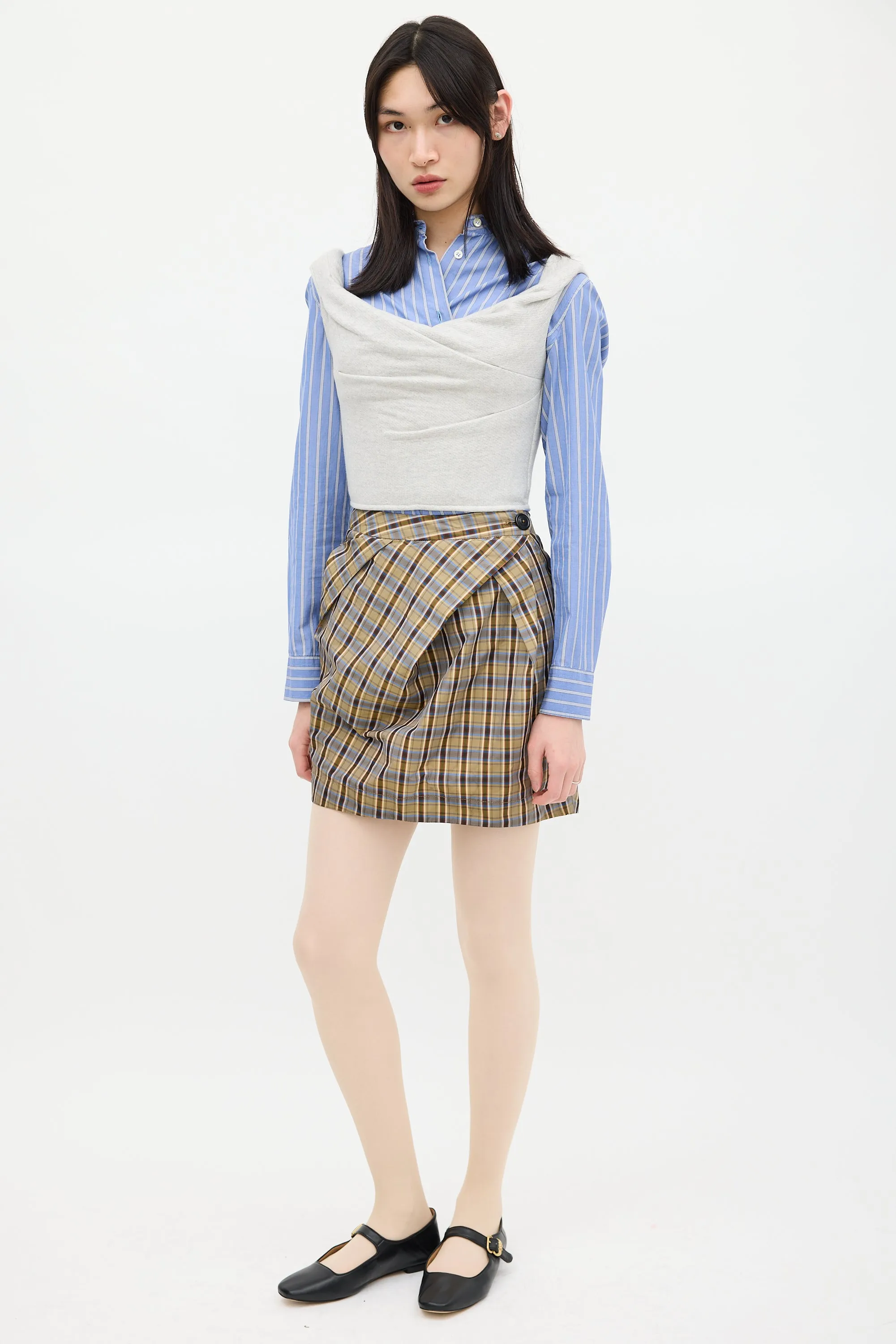 Brown & Multicolour Plaid Gathered Skirt