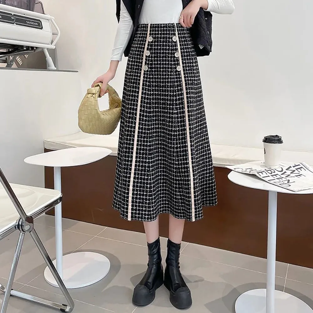 Elegant Fashionable Plaid High-Waisted New Trendy Autumn Winter A-line Large Swing Skirt