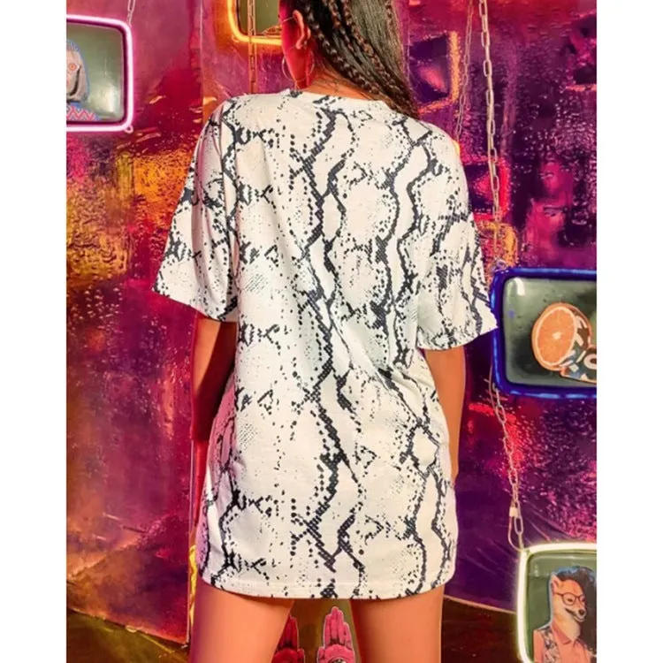 Fashion dark retro portrait print loose short sleeve snake print T-shirt