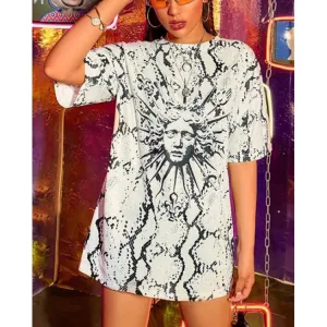 Fashion dark retro portrait print loose short sleeve snake print T-shirt