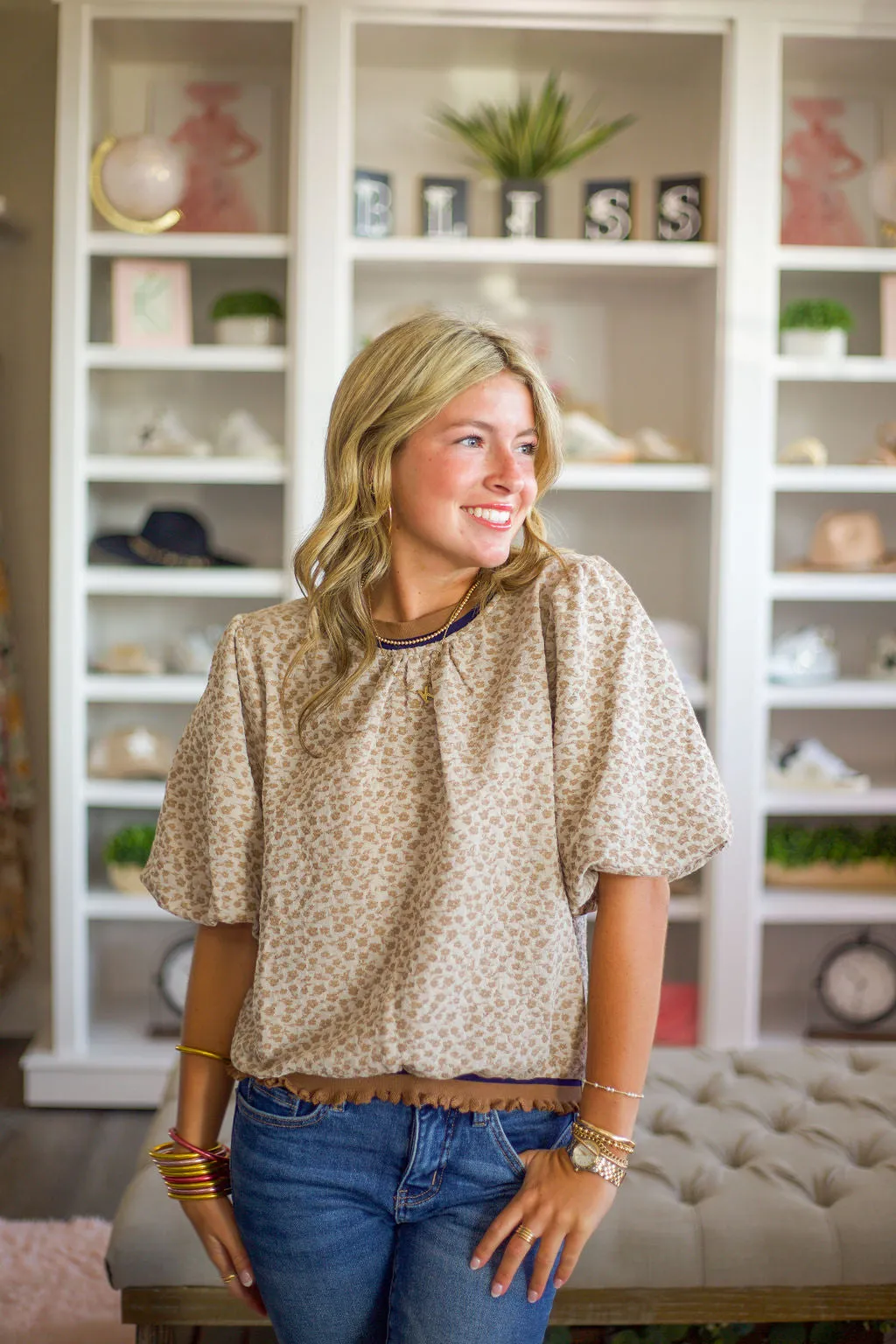 Floral Textured Puff Sleeve Ruffle Band Top