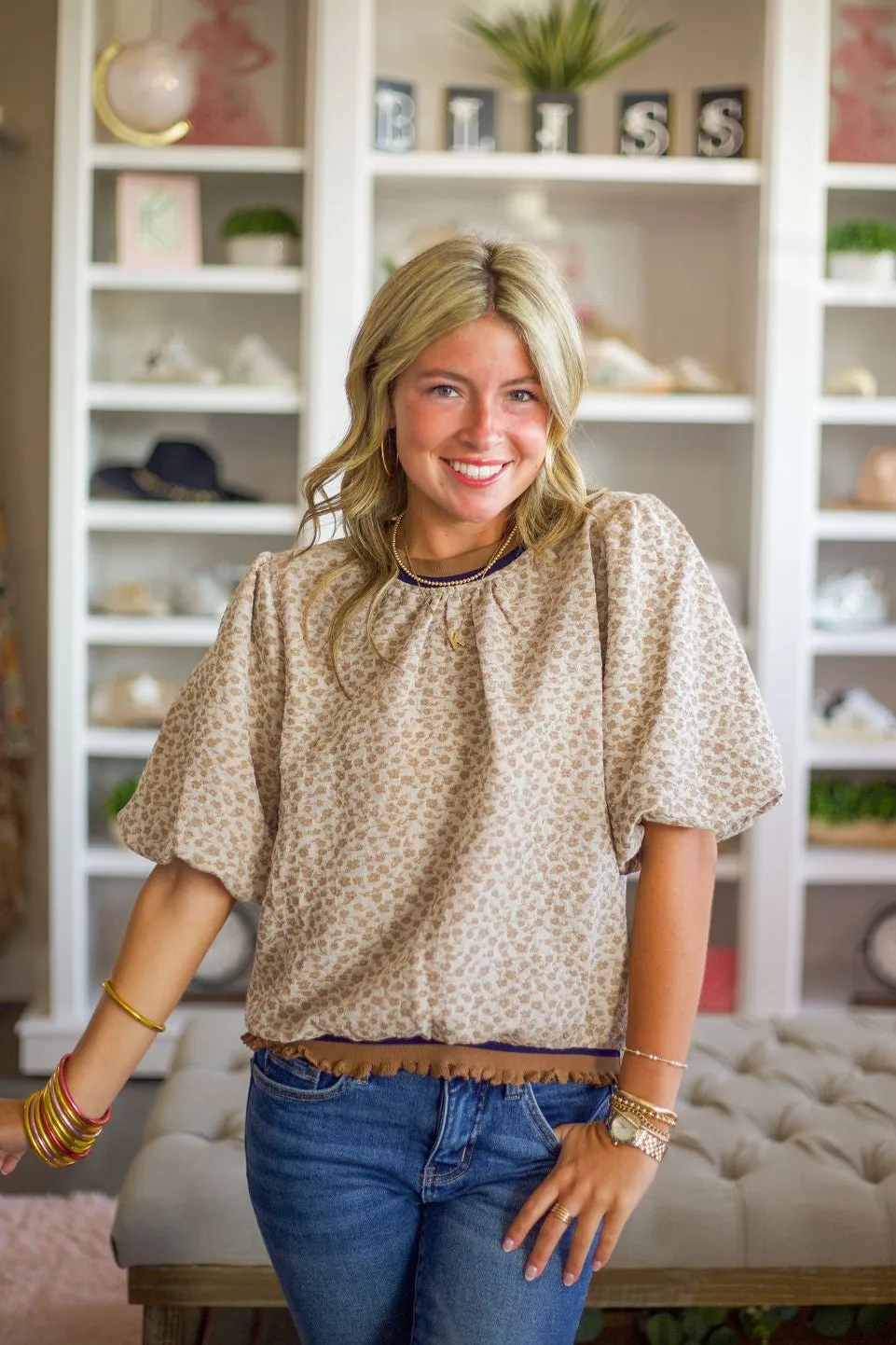 Floral Textured Puff Sleeve Ruffle Band Top