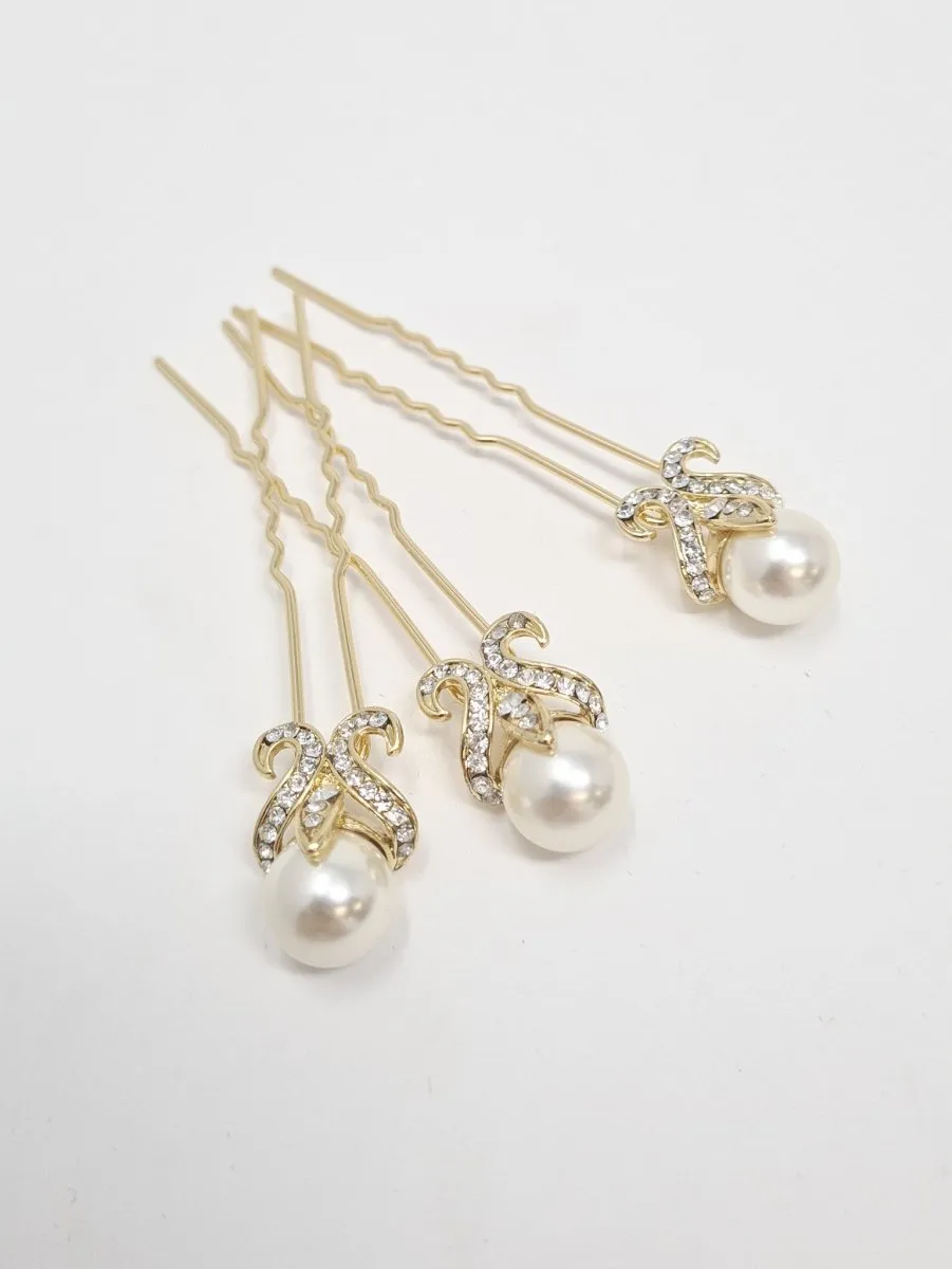 Gold Crystal Diamanté Pearl Studded Hair Pins 3pcs