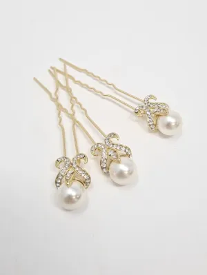 Gold Crystal Diamanté Pearl Studded Hair Pins 3pcs