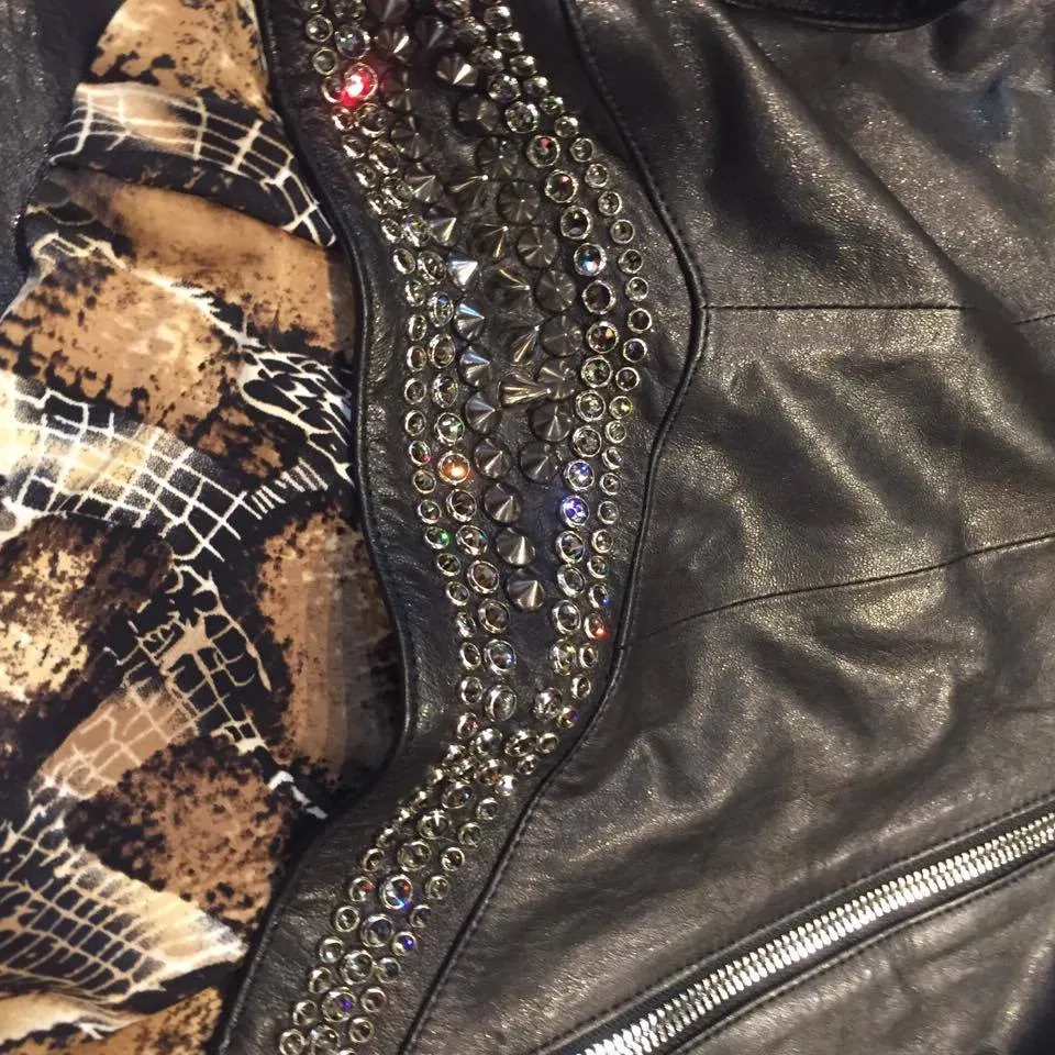 Hoss Couture Women's Swarovski Lambskin Studded Moto Jacket