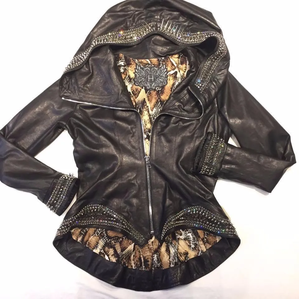 Hoss Couture Women's Swarovski Lambskin Studded Moto Jacket