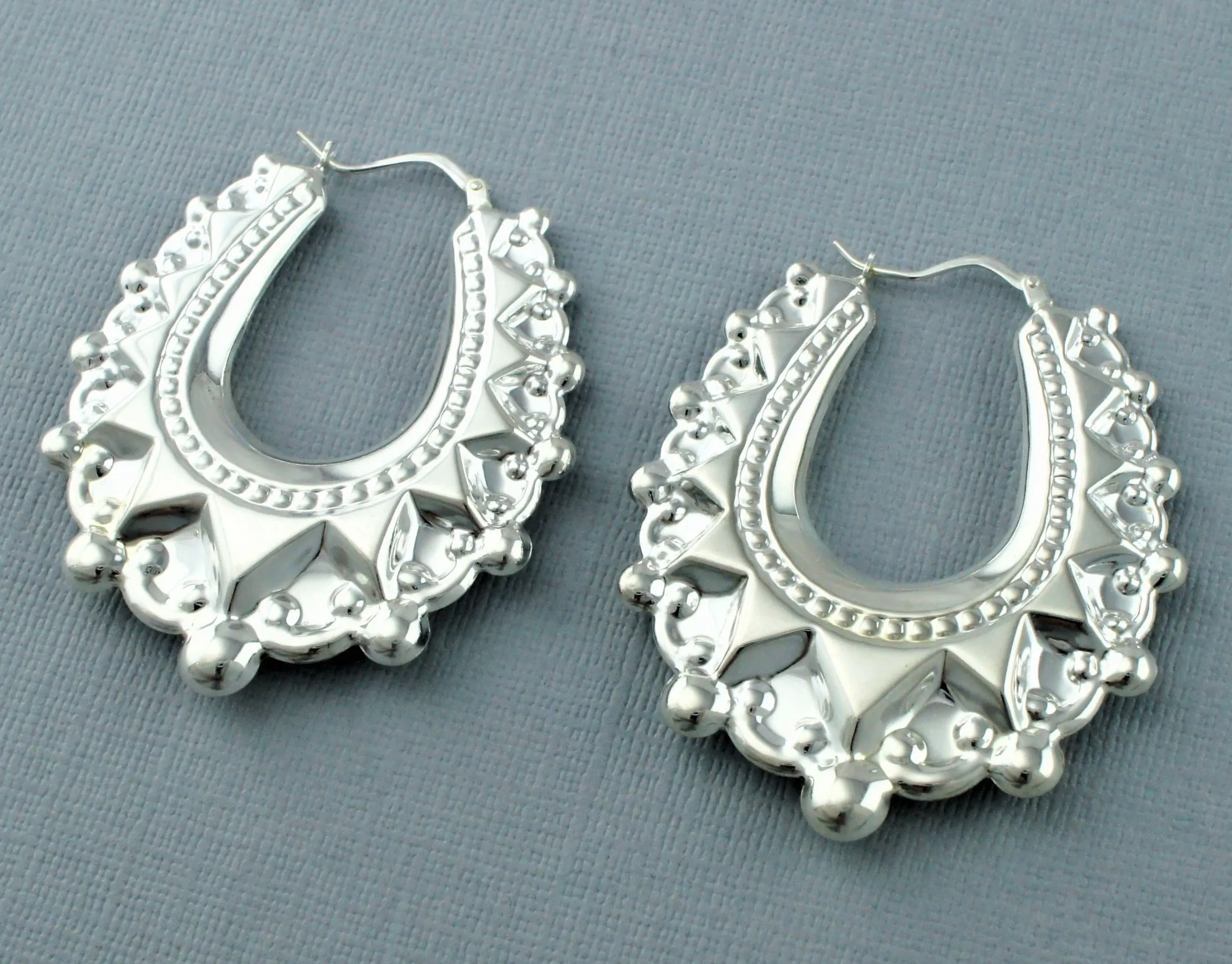 Large 925 Silver Victorian Style Spiked Oval Creole Earrings