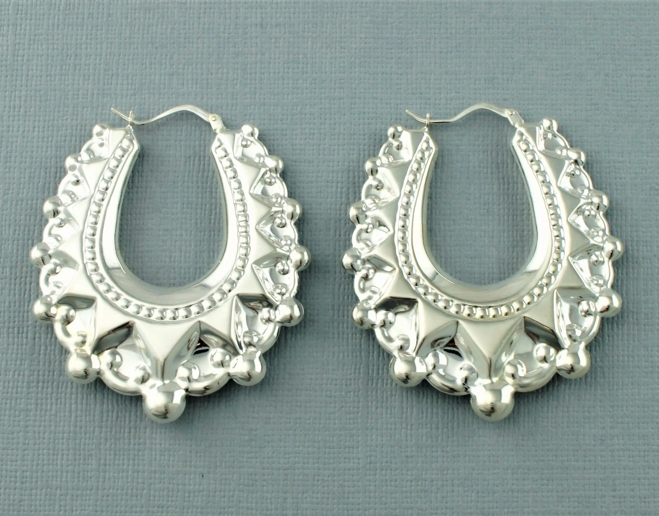 Large 925 Silver Victorian Style Spiked Oval Creole Earrings
