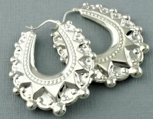 Large 925 Silver Victorian Style Spiked Oval Creole Earrings