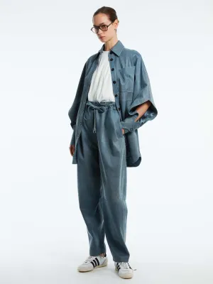 LEATHER DENIM PAPER BAG PANT