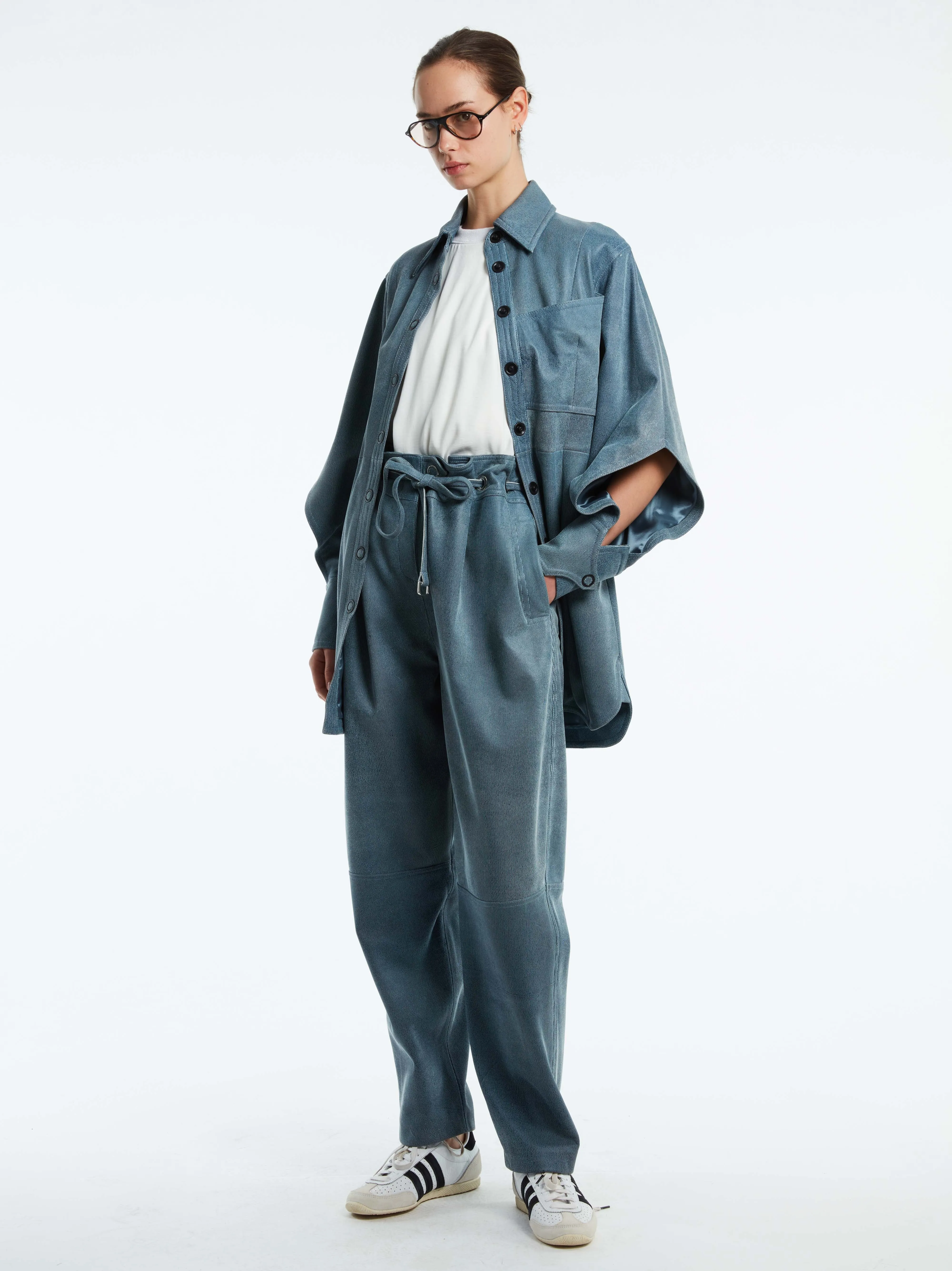 LEATHER DENIM PAPER BAG PANT
