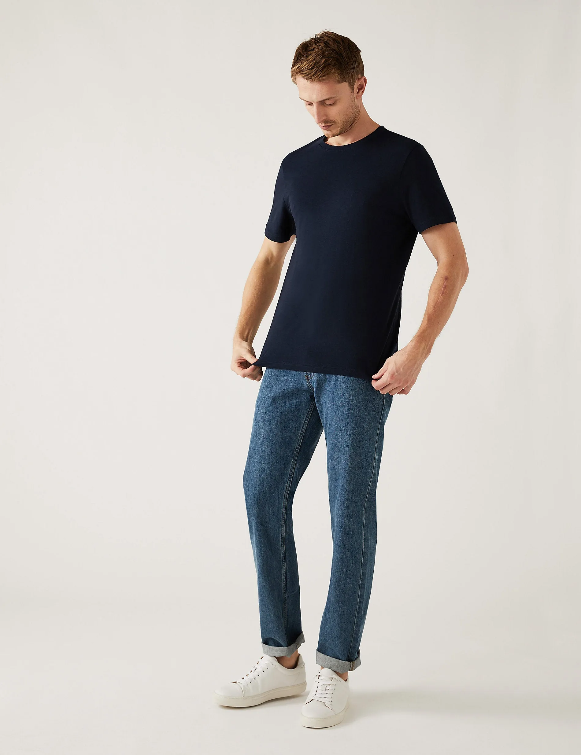 Marks & Spencer Slim Fit Pure Cotton Crew Neck T-Shirt, Navy