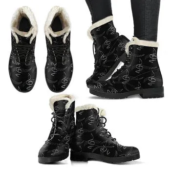 Music Notes Print on Demand Artwork Women's Fur Trimmed Combat Style Boots