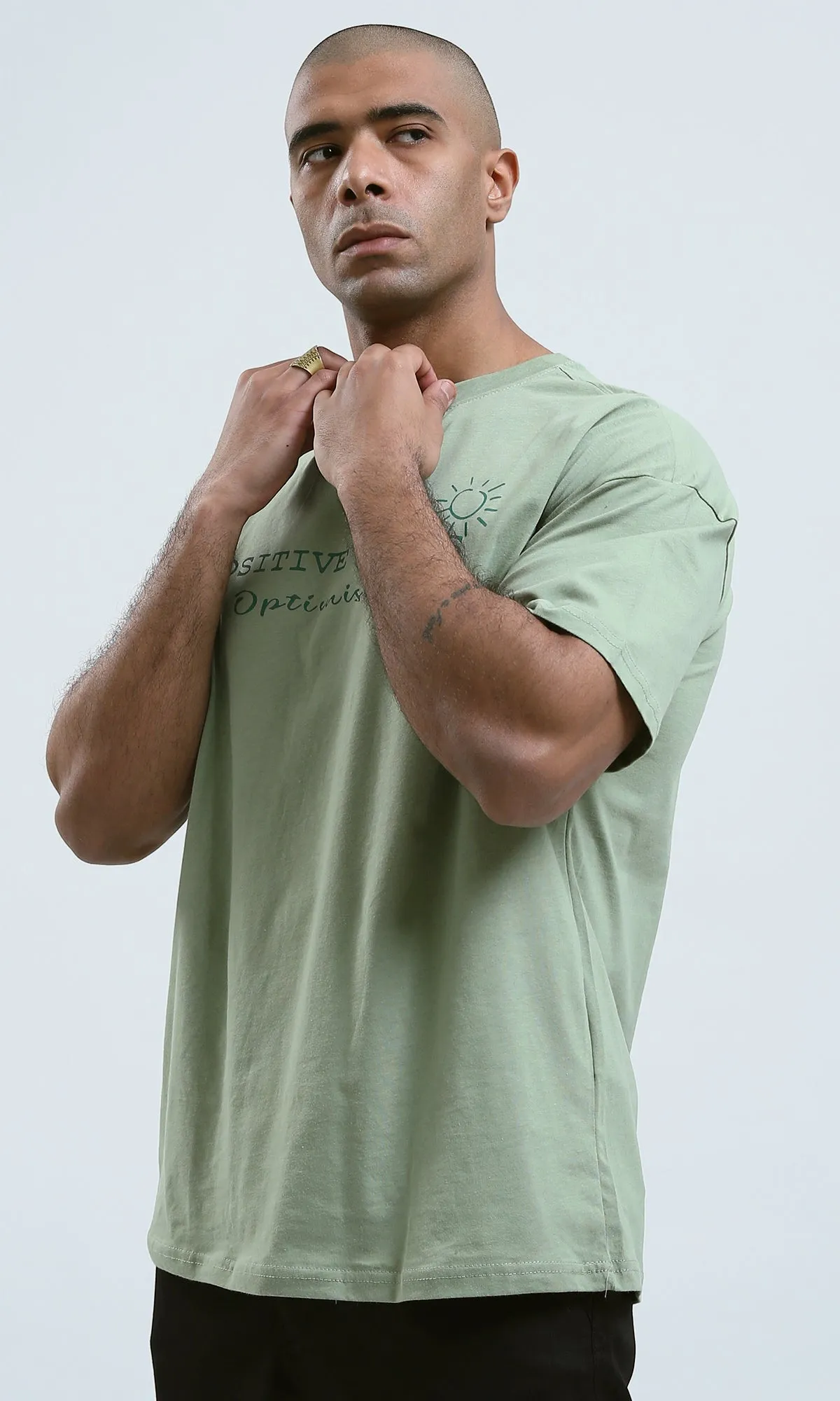 o188746 - Olive Elbow-Sleeves Tee with Round Neck
