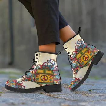 Peace VW Bus Print on Demand Artwork Women's Fur Trimmed Combat Style Boots