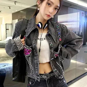 Studded Rhinestones Diamonds Crop Biker Denim Jackets
