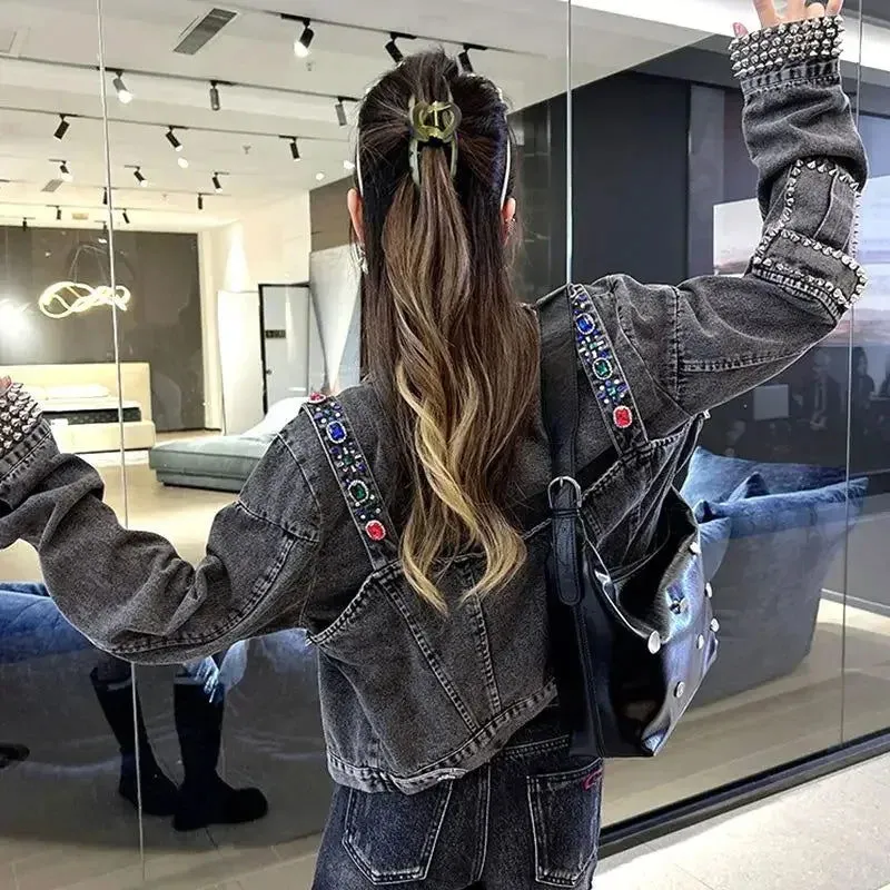 Studded Rhinestones Diamonds Crop Biker Denim Jackets