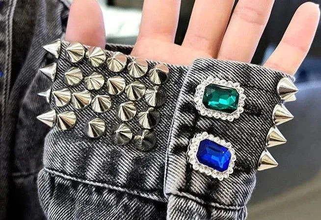 Studded Rhinestones Diamonds Crop Biker Denim Jackets