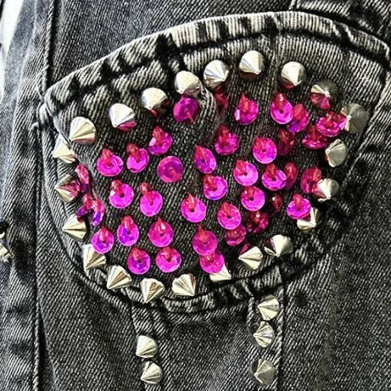 Studded Rhinestones Diamonds Crop Biker Denim Jackets