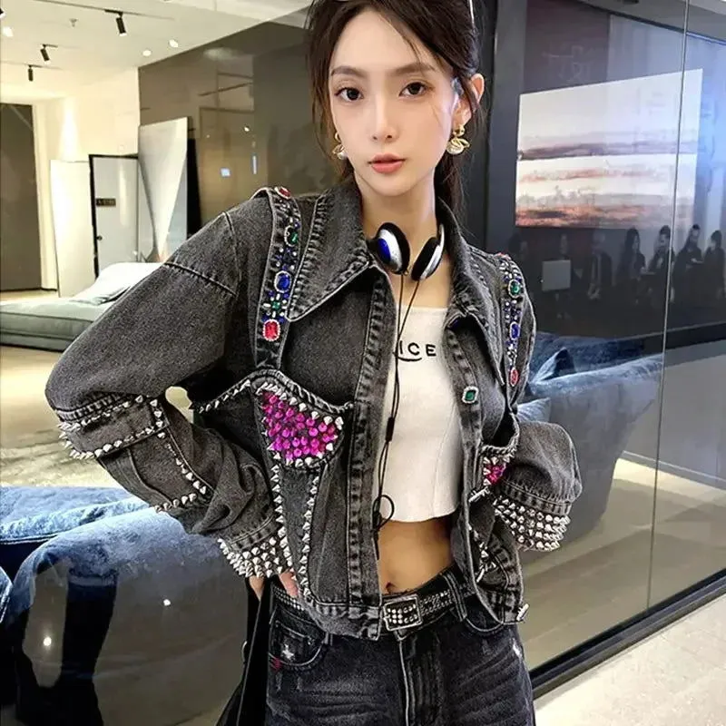 Studded Rhinestones Diamonds Crop Biker Denim Jackets