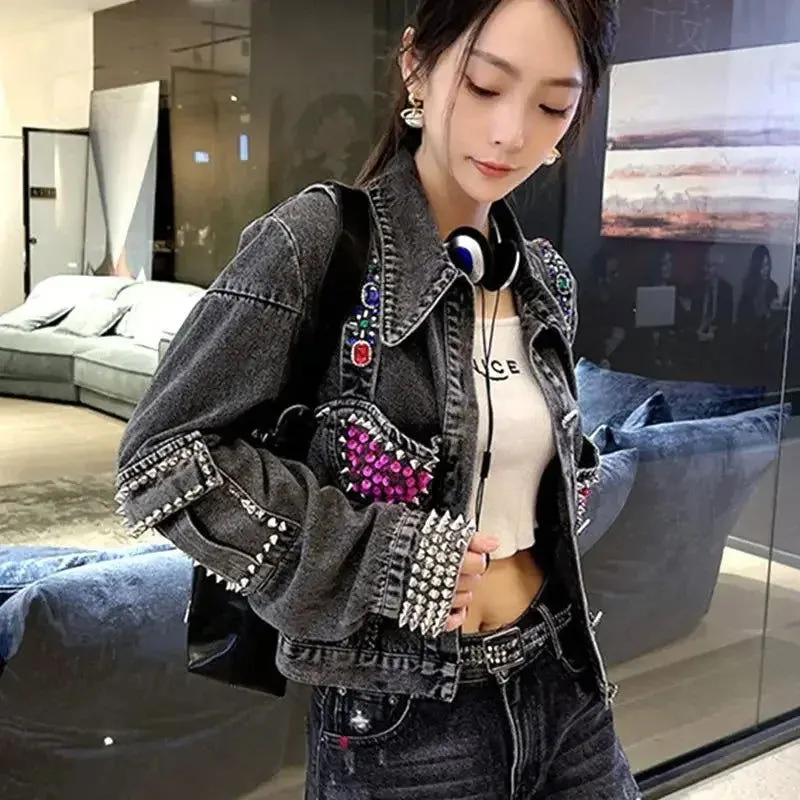 Studded Rhinestones Diamonds Crop Biker Denim Jackets