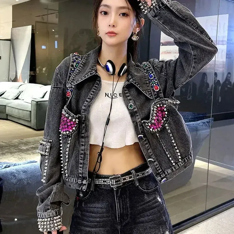 Studded Rhinestones Diamonds Crop Biker Denim Jackets