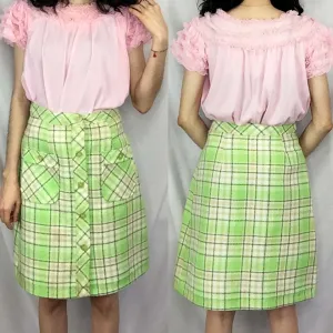 Vintage 60s | Lime Neon Green Plaid Groovy A Line MOD Twiggy Scooter Skirt | S